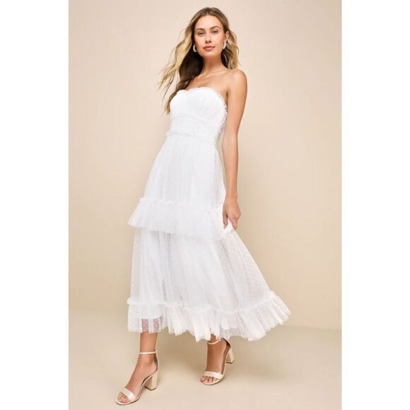 Lulus Womens Delightful Bliss White Mesh Swiss Dot Strapless Midi Dress Medium - Picture 2 of 16